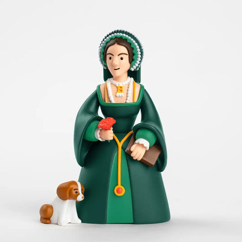 Figurine of a Anne Boleyn, a woman in historical attire holding a flower, with a dog at her feet, on a white background
