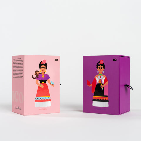 Frida Kahlo bundle packaging with pink and purple collectible figure boxes