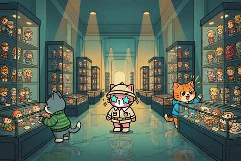 Three cats exploring museum of figurines and robots